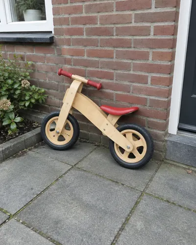 Houten loopfiets met rood zadel tegen een bakstenen gevel