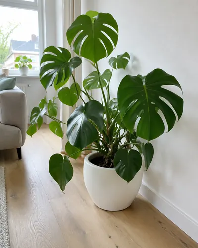 Grote monstera in een witte pot in een lichte woonkamer